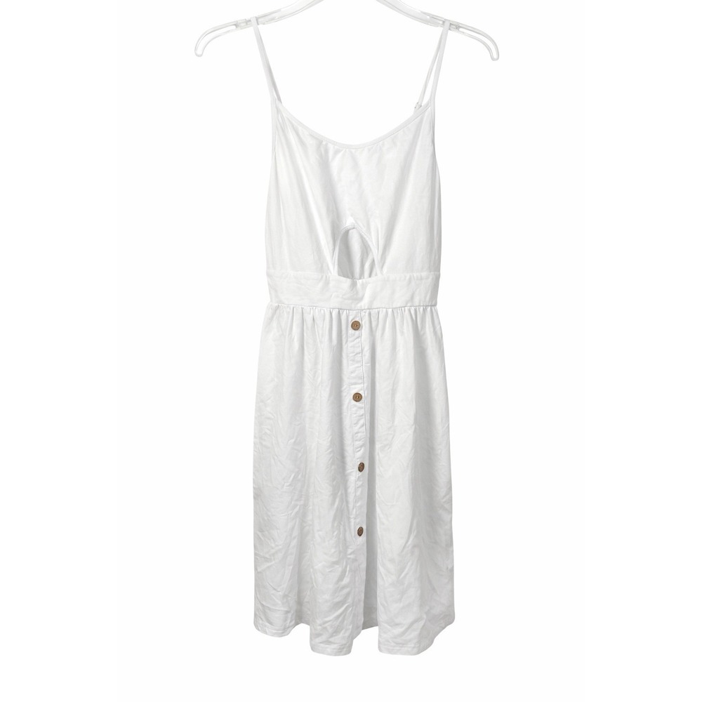 White Cotton Button Front Midi Dress Spaghetti Strap Front Cutout Size S Pockets